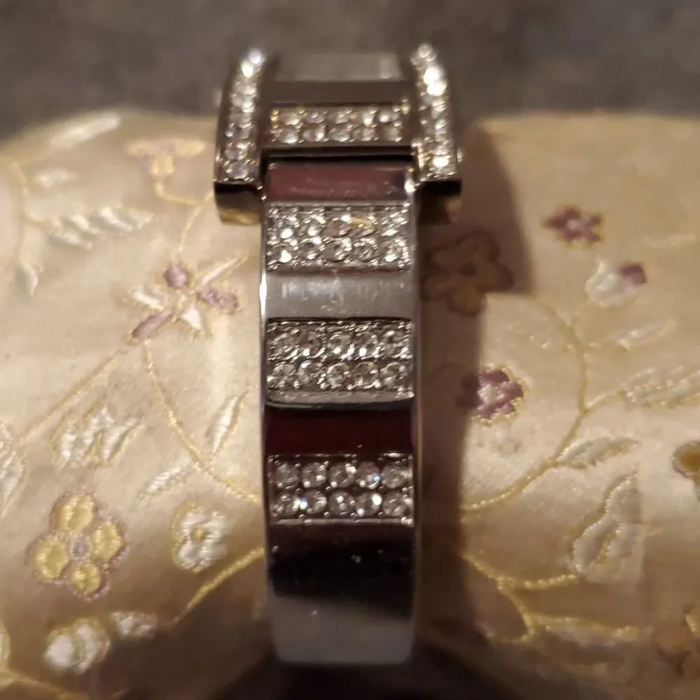 Collezio Rectangular Watch‎ CZ Crystals on a Silver Spring Hinge Bangke Band